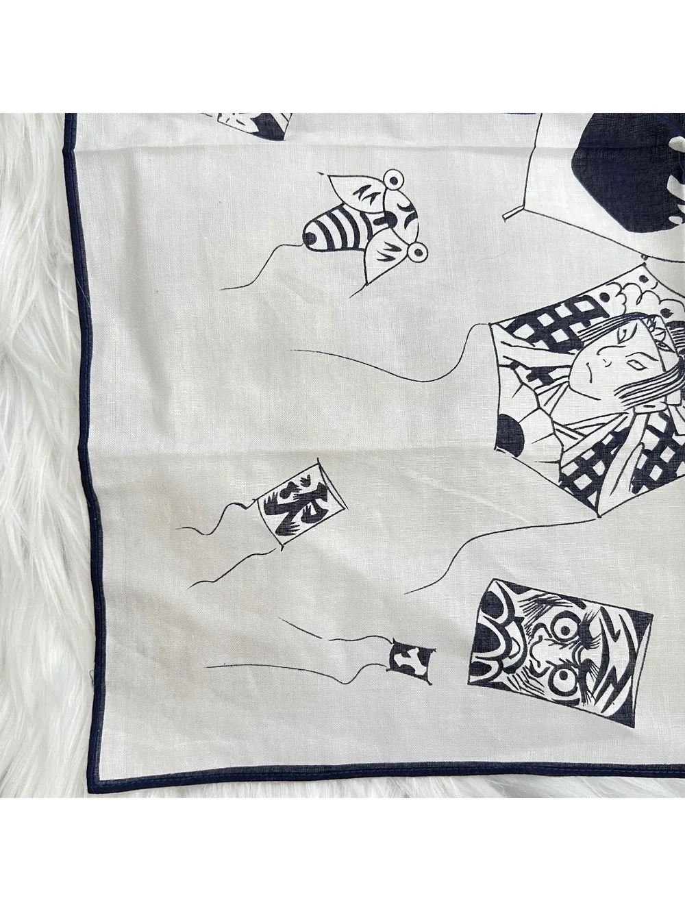 Japanese Kite Festival Scarf Navy White Daruma Folk Art Linen Look 16.5”